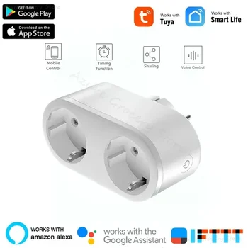 16A Tuya WiFi двоен превключвател 2 в 1 Smart EU Plug Интелигентен живот APP дистанционно време гласов контрол работи с Alexa Google Home