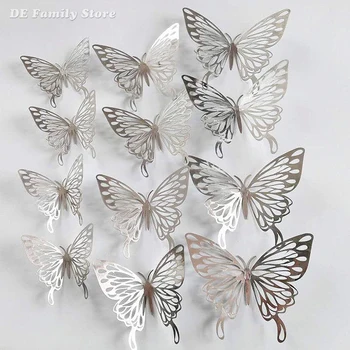 Creative 12pcs/set Сребърен 3D пеперуда стена стикер сватбена декорация спалня хол дома декор пеперуди стикери