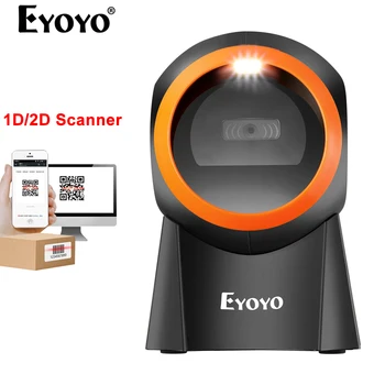 Eyoyo Свободни ръце 1D 2D десктоп баркод скенер Супермаркет QR четец на кодове Скенер за сканиране на екрана на платформата за магазин за книги / търговия на дребно