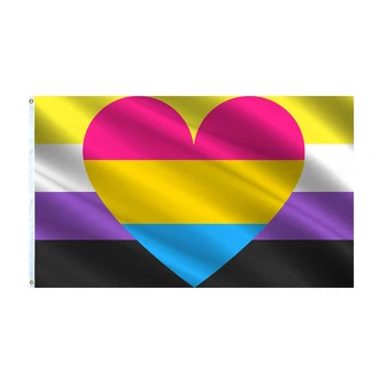 Flagnshow 3x5 Ft Небинарен пансексуален флаг на гордостта Небинарен пан сърце банер