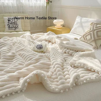 INS Бяло удебелено кожено одеяло Меки плюшени одеяла за легло Плътен цвят Топло зимно одеяло Юрган Спално бельо