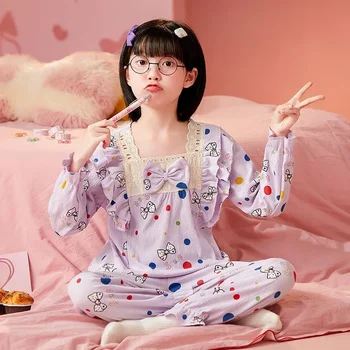 Kawaii момичета пижама комплекти спално облекло памук дантела дълъг ръкав семейство съвпадение екипировки нощно облекло деца карикатура дама дома дрехи