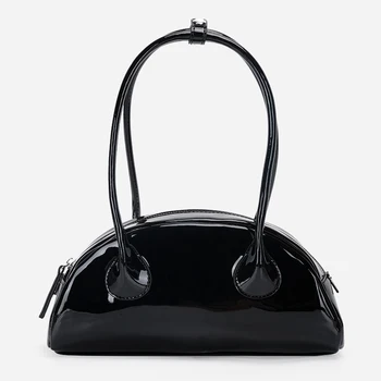 PU кожени чанти за съхранение ретро творчески полукръгла форма лъскава дамска твърда чанта за рамо с цип Дълга чанта за подмишници
