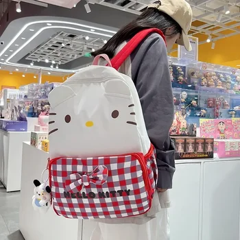 Sanrio здравей коте карикатура женски раница сладък карирана училищна чанта капацитет студент чанта найлон рамо чанта пътуване чанта