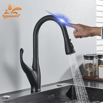 Suguword матово черно кухненски сензор кранче палуба монтирани издърпайте чучур спрей докосване контрол топла и студена вода миксер кран