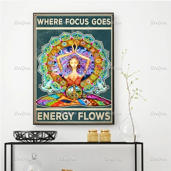 Yoga Poster - Where Focus Goes Energy Flows Vintage Poster, Namaste Chakra Poster, Hippie Soul Print,Home Decor Canvas Wall Art