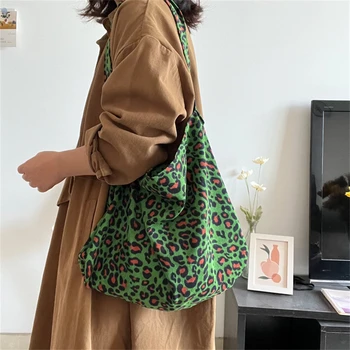 Жените кадифе рамо чанта зелен леопард модел пратеник чанта реколта женски Crossbody чанта голям капацитет дами голяма пазарска чанта