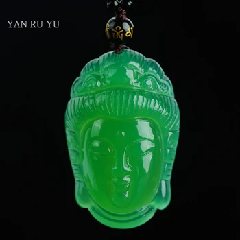 Истински естествен зелен ахат халцедон гуанин главата Pendnat човек късмет огърлица китайски стил бижута пуловер верига