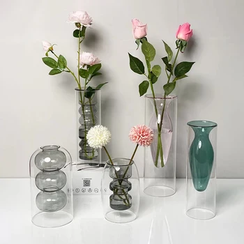 Модерна двуслойна стъклена хидропоника Контейнер за ваза за цветя Прозрачен ферш цветна аранжировка Начало декор орнамент Artware