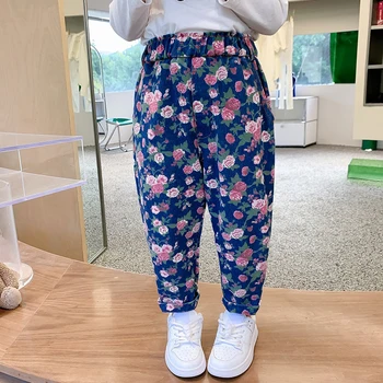 Момиче панталони роза флорални панталони момиче случайни стил детски панталони пролет есенни дрехи момиче
