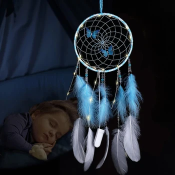 Нова скандинавска пеперуда Dreamcatcher с LED светлина за декорация на стаята Вятърни камбанки, висящи за детска стая висящи капани за сънища