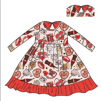 Свети Валентин момичешка рокля със стил гръб, дълъг ръкав, разширена пола, дантелена рокля, розов любовен модел, млечен копринен плат