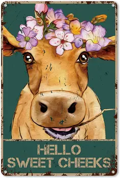 Смешни Баня Цитат Метален калай знак стена декор - реколта Здравейте сладки бузи крава с цветя калай знак garag декор плоча