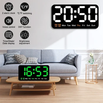 Стенен LED цифров стенен часовник Температура на батерията Дата Голям дисплей Автоматична яркост Будилници DST за спалня