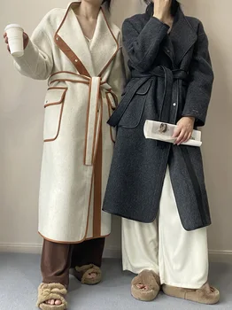 2023 дамска зимна модна яка вълнено палто яке с колан