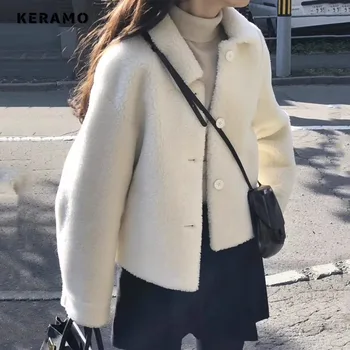 2023 Зимни корейски сладък стил дама еднореден твърдо яке за жени връхни дрехи случайни намали яка SHort топло палто