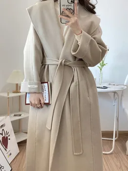 2023 Нови зимни жени елегантен дълъг ръкав вълнени палта корейски голяма яка твърди темперамент смеси офис дама мода палта