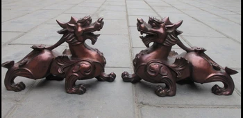 25см Двойка Китай червен бронзов дворец врата Foo куче лъв звяр Kylin Pi Xiu статуя