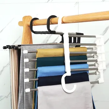 5 В 1 многофункционален вратовръзка Pant Rack от неръждаема стомана Регулируема закачалка за панталони Сгъваема кърпа рафтове за съхранение Закачалка за дрехи в килера