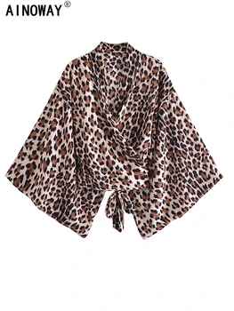Boho Vintage 2021 Леопард печат крила къса роба кимоно жени мода V врата Batwing ръкави Rayon памук бикини Cover-ups