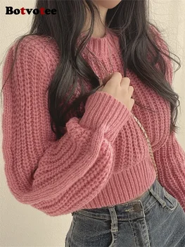 Botvotee Шикозен плетен пуловер за жени Есен Зима 2023 Нова корейска мода пуловери с дълъг ръкав Дами Елегантни твърди джъмпери