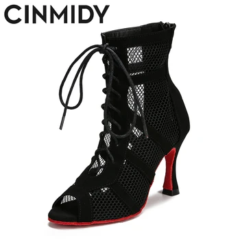 CINMIDY Дантела нагоре танцови обувки Дамски червени обувки за латино танци Черни бални танци Високи токчета Танго Модерни джаз танцови ботуши