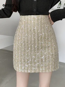 Circyy пайети мини пола жени висока талия корейски A-линия кльощава твърди поли мода елегантен нов цип дизайнер блясък пола