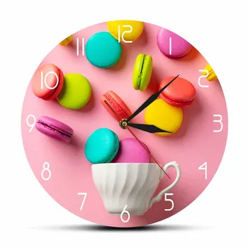 Colorful Macaron десерт отпечатани акрилни стена висящи часовник с розов фон момичета стая декор стена часовник сладка храна дизайн