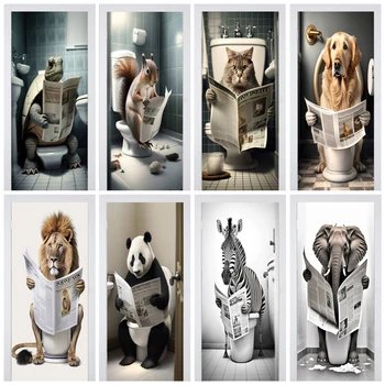 Creative Animal 3D реалистичен стенопис на вратата тапет Стикер за врата за баня Плакат за декорация на семейна стая