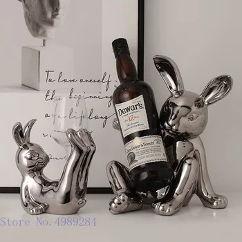 Creative керамични заек вино багажник вино съхранение симулация животински статуя сребро занаятчийски мебели карикатури модерен дом декорация