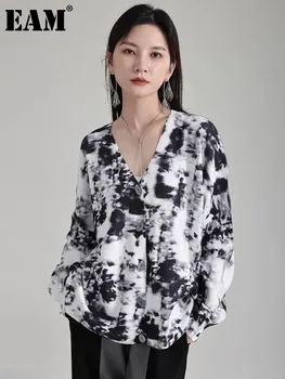 EAM бял отпечатан голям размер плетене жилетка пуловер v-образно деколте дълъг ръкав жени нова мода прилив пролет есен 2024 1DH1614