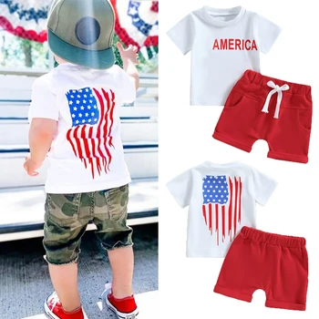FOCUSNORM 0-24M Бебешки момчета дрехи комплекти 2бр къс ръкав писма звезда раирана тениска ластик шорти за Деня на независимостта