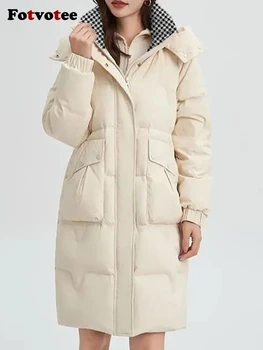 Fotvotee зимно палто жени палта с качулка корейска мода елегантна дама parkas реколта улично облекло сгъсти топло пухено яке