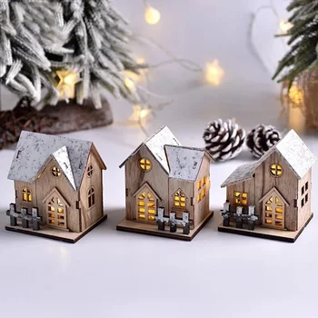 LED светеща малка дървена къща Коледна украса Дървена малка къща спалня хол бар маса настолни декорации