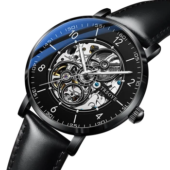 Luxury Skeleton Dial Patterned Mechanical Automatic Wrist Watch for Men Black Leather Strap Water Resistant 오토매틱시계 TRS8389