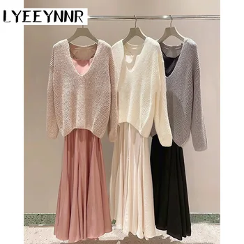 LYEEYNNR Япония стил нежни 2 части комплекти дамски екипировки v-образно деколте дълъг ръкав пуловери плътен цвят вътре спагети каишка рокля