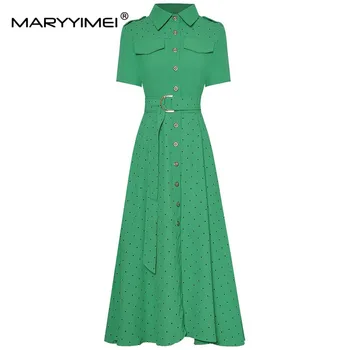 MARYYIMEI Fashion Summer Дамска рокля Turn-down Collar Shoulder badge Къс ръкав Dots Lace up Едноредни рокли