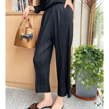Miyake плисирани прости ежедневни панталони пролет, лято и есен молив панталони жените черна тенденция гъвкав и удобен плюс размер