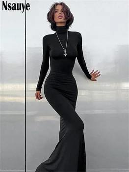 Nsauye Maxi Bodycon рокля жени дълъг ръкав екипировки елегантен мода секси парти вечерен клуб обвивка черна зимна рокля Поло