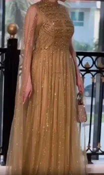 O-образно деколте дълги ръкави драпирани пайети кристална дантела апликация злато вечерни рокли жена