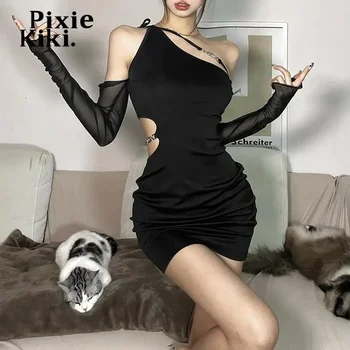 PixieKiki Секси черни рокли Стилни дрехи за жени Нощен клуб Outfits Mesh дълъг ръкав изрязани мини рокля есен 2023 P71-BI16