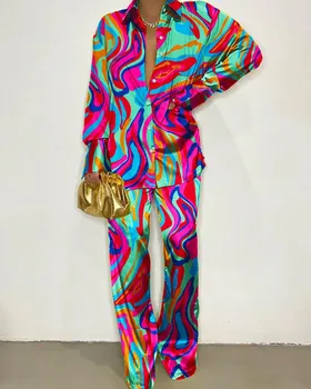 POFGD 2022 Мода дълъг ръкав ревера риза еластични дълги панталони отпечатани дама две части комплекти случайни улица стил жени костюм