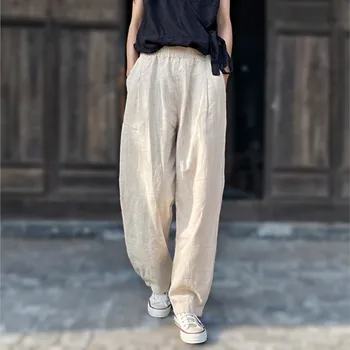 QPFJQD Женски ретро лен дълги панталони 2023 пролет лято жени хлабав случайни плътен цвят джоб Harlan панталони китайски стил