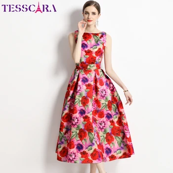 TESSCARA жени лято нова елегантна флорална рокля високо качество дълъг коктейл парти халат реколта A-линия дизайнер без ръкави Vestidos