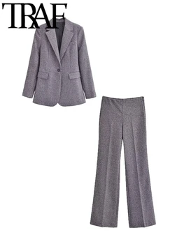 TRAF GAL 2024 пролет елегантен жените нетактичност костюми 2 парче комплекти дълъг ръкав тънък офис дама яке женско палто дълги панталони Y2K