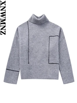 XNWMNZ Дамска мода 2023 есен/зима контрастни тапицерии плетени пуловер жени високо врата дълъг ръкав универсален женски пуловер