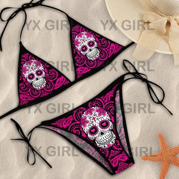 YX GIRLSUGAR SKULLPINK PATTERN STRING BIKINI 3DAll Over Printed Sexy Bikini Summer Women For Girl Beach Swimsuit Cosplay Clothes