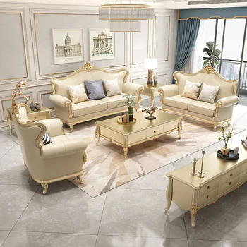 Американски стил лек луксозен кожен диван комбинация голяма вила хол, европейски стил луксозен диван от масивно дърво,