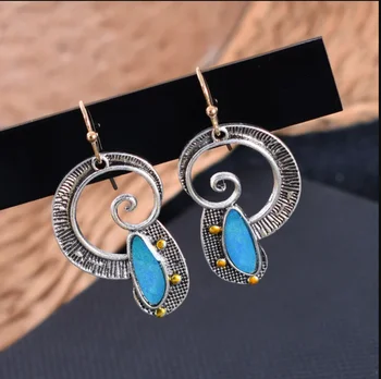 Антични творчески спирала син цвят камък кухи висулка обеци за жени кръг обица модни бижута