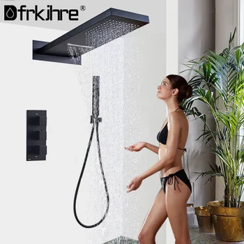 Баня Черен термостатичен душ кранове комплект дъждовна водопадна душ глава с 3-пътен термостатичен смесител кран баня душ кран